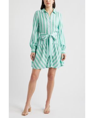 Caslon Stripe Long Sleeve Tiered Mini Shirtdress in Blue | Lyst