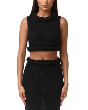 Naked Wardrobe Rib Knit Braid Trim Crop Top - Black