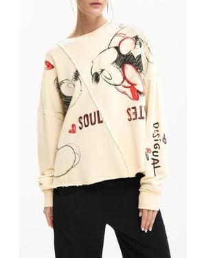 Desigual Mickey & Minnie Mouse Raw Seam Fleece Graphic Sweatshirt - Natural