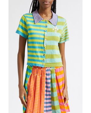 YANYAN Daisy Stripe Linen Blend Y-Pointelle Cardigan - Multicolor