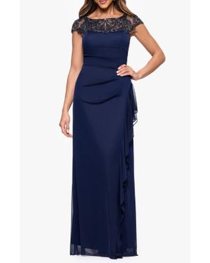 Xscape Evenings Embellished Illusion Yoke Column Gown - Blue