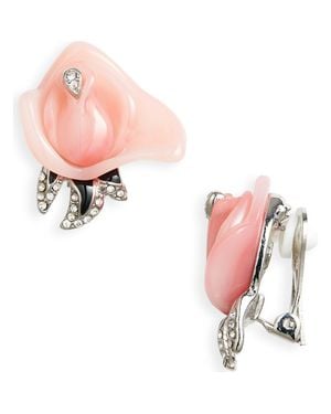 Kenneth Jay Lane Flower & Leaves Clip-On Earrings - Pink