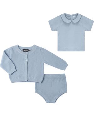 Space Grey Boy Textured Knit Cardigan, Cotton Shirt And Shorts Set - Blue