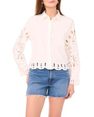 Vince Camuto Eyelet Detail Linen Blend Button-Up Shirt - Blue