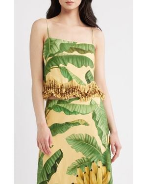 FARM Rio Botanical Fruit Print Beaded Fringe Midi Skirt - Green