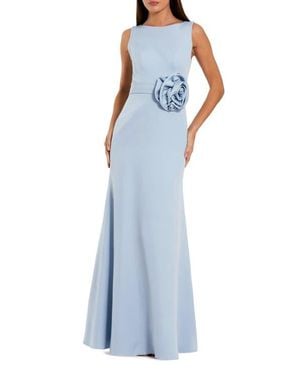 Mac Duggal High Neck Sleeveless Crepe A Line Gown With Flower - Blue