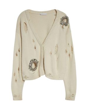 Area Distressed Crystal Cotton & Cashmere Cardigan - White