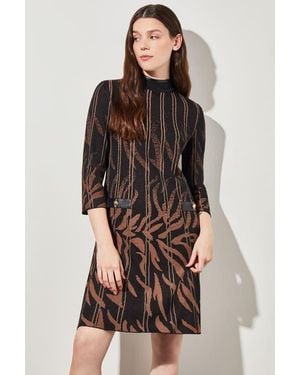 Ming Wang Animal Print Vegan Leather Trim Soft Knit Mini Dress - Brown