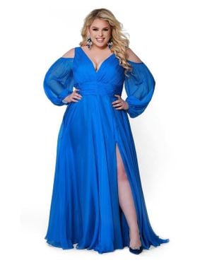 Johnathan Kayne for Sydneys Closet Cold Shoulder Chiffon Plus Size A-Line Evening Gown - Blue