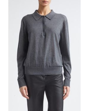Loulou de Saison Miles Long Sleeve Cashmere Polo Sweater - Gray
