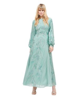 MARYISA Occasion Modest Embellished Sequin Beaded Boat Neck Evening Maxi Dress - Blue