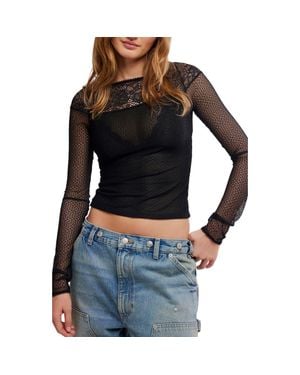 Free People Night Mode Layering Long Sleeve Mesh Top - Black