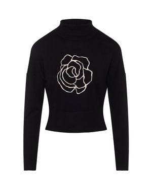 Versatile Cropped Embroidered Turtle Neck Knit Sweater - Black