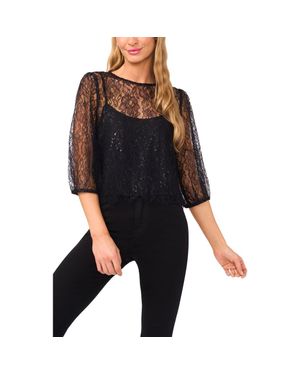 Cece Metallic Floral Lace Top - Black