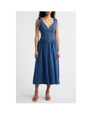 FREEMARKET Plunge Neck Tie Shoulder Midi Dress - Blue