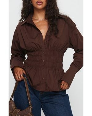 Princess Polly As You Are Shirred Button-Up Shirt - Brown
