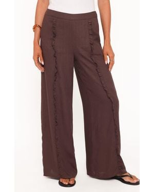 Petal & Pup Samiya Frill High Waist Wide Leg Cotton & Linen Pants - Brown