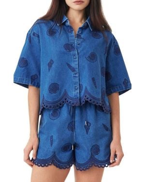 Habitual Seashell Embroidered Cropped Shirt - Blue