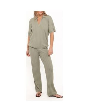 Petal & Pup Yulissa Rib Polo Top & Wide Leg Pants - Natural