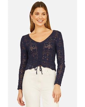 Yumi' Front Ruched Crochet Top - Blue