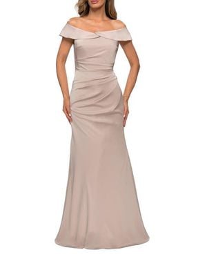 La Femme Off The Shoulder Satin Evening Gown With Ruching - Brown