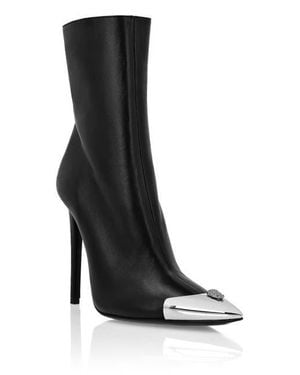 Philipp Plein Leather Boots High Heels Mid Skull Strass - Black