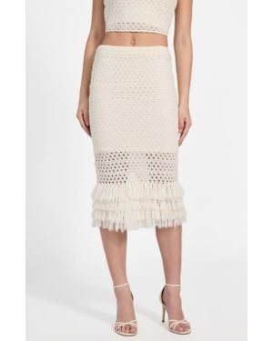 Guess Luca Fringe Hem Open Stitch Midi Skirt - Natural