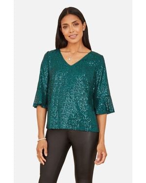 Yumi' Fluted Sleeve Sequin Top - Green