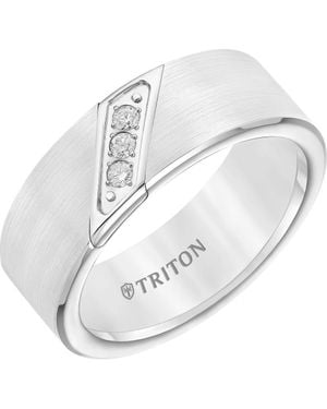 Triton 8Mm Tungsten Carbide Ring With Diagonal Set Diamonds And Satin Finish With Flat Edge - White
