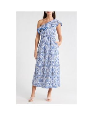Sugarlips Romina Tropical Print One-Shoulder Cotton Dress - Blue