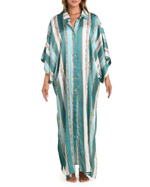 L'Agence Wrena Belt Stripe Satin Maxi Cover-Up Shirtdress - Blue