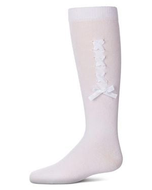 Memoi Weaved Velvet Bow Knee High Socks - Pink