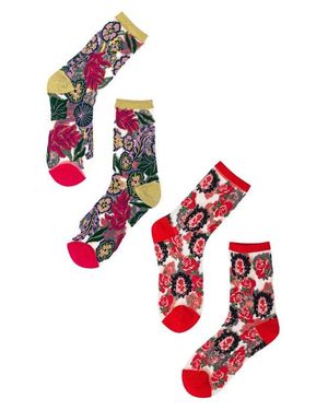 Sock Candy Fancy Assorted 2-Pack Metallic Floral Sheer Crew Socks - Red