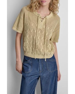 DKNY Lace-Up Placket Short Sleeve Semisheer Cotton Blend Pointelle Sweater - Blue