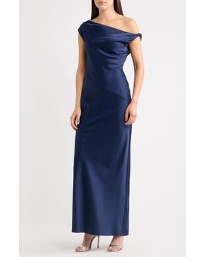 Wayf Colleen One-Shoulder Drape Satin Gown - Blue