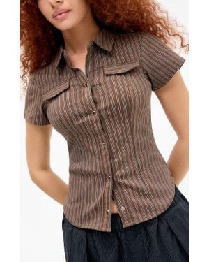 BDG Bengaline Polly Stripe Snap-Up Shirt - Brown