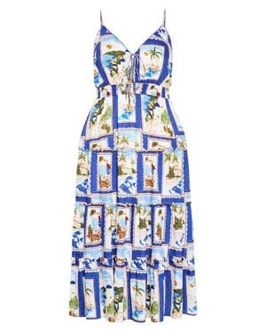 City Chic Aiza Postcard Print Tiered Tie Front Maxi Sundress - Blue