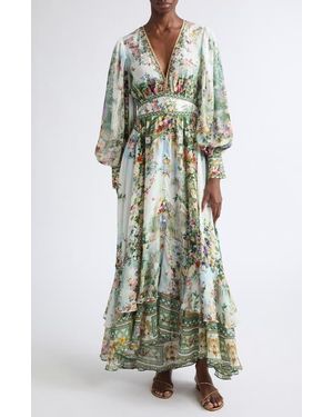 CAMILLA Floral Print Long Sleeve Button Front Silk Dress - Green