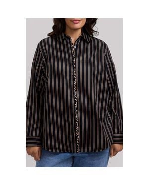 Foxcroft Charlie Stripe Animal Print Trim Cotton Button-Up Shirt - Black