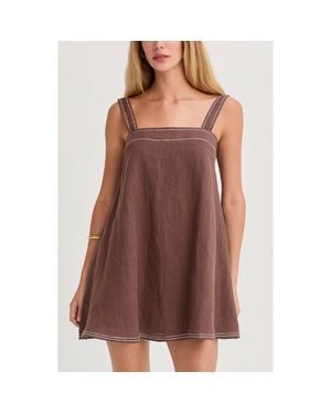 Crescent Contrast Stitch Square Neck Linen Mini Dress - Brown
