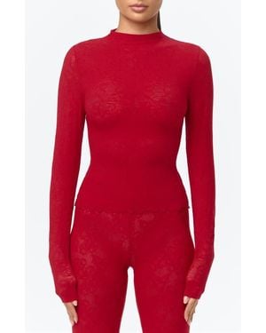 Naked Wardrobe Scalloped Hem Stretch Lace Top - Red