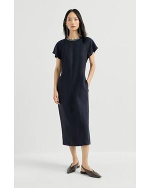 Brunello Cucinelli Viscose And Linen Fluid Twill Dress With Precious Collar - Blue