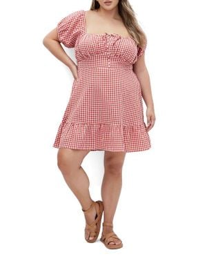 City Chic Gingham Puff Sleeve Minidress - Red