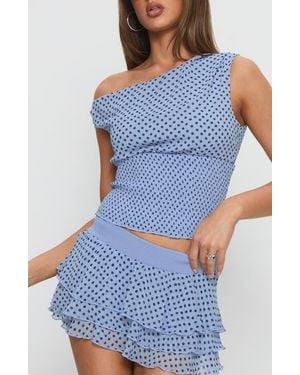 Princess Polly Ready To Party One-Shoulder Polka Dot Top - Blue