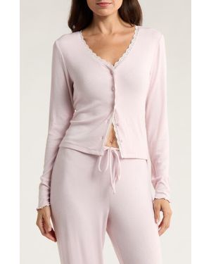 Open Edit Daydream Lace Trim Rib Button-Up Lounge Top - Pink