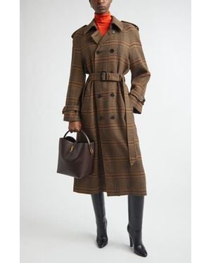 Saint Laurent Prince Of Wales Wool Trench Coat - Brown