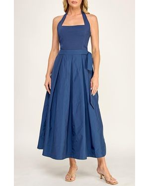 Socialite Halter Neck Mixed Media Midi Dress - Blue