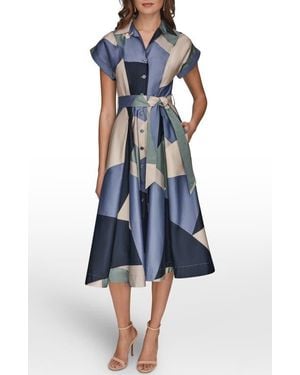 Donna Karan Patchwork Belted Midi Shirtdress - Blue