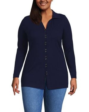Lands' End Long Sleeve Polished Rib Button Through Tunic Shirt - Blue