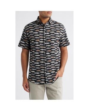 Stone Rose Ridin' Dirty Vintage Car Print Short Sleeve Stretch Cotton Blend Button-Up Shirt - Black